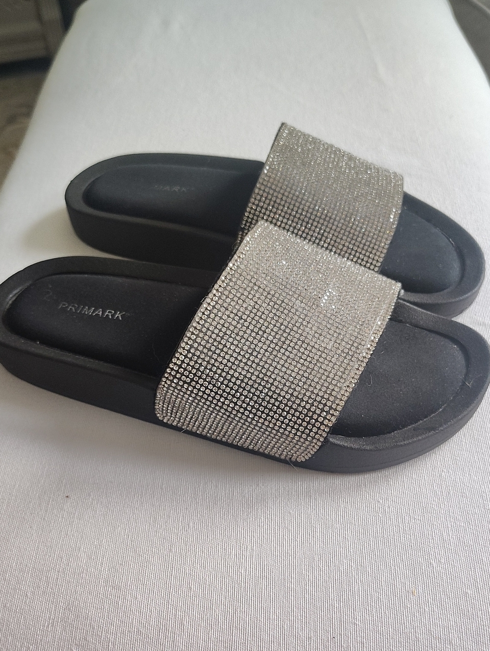 Primark Black Slide Sandals with Silver Crystal Strap